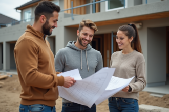 Jeune couple avec architecte sur chantier de construction