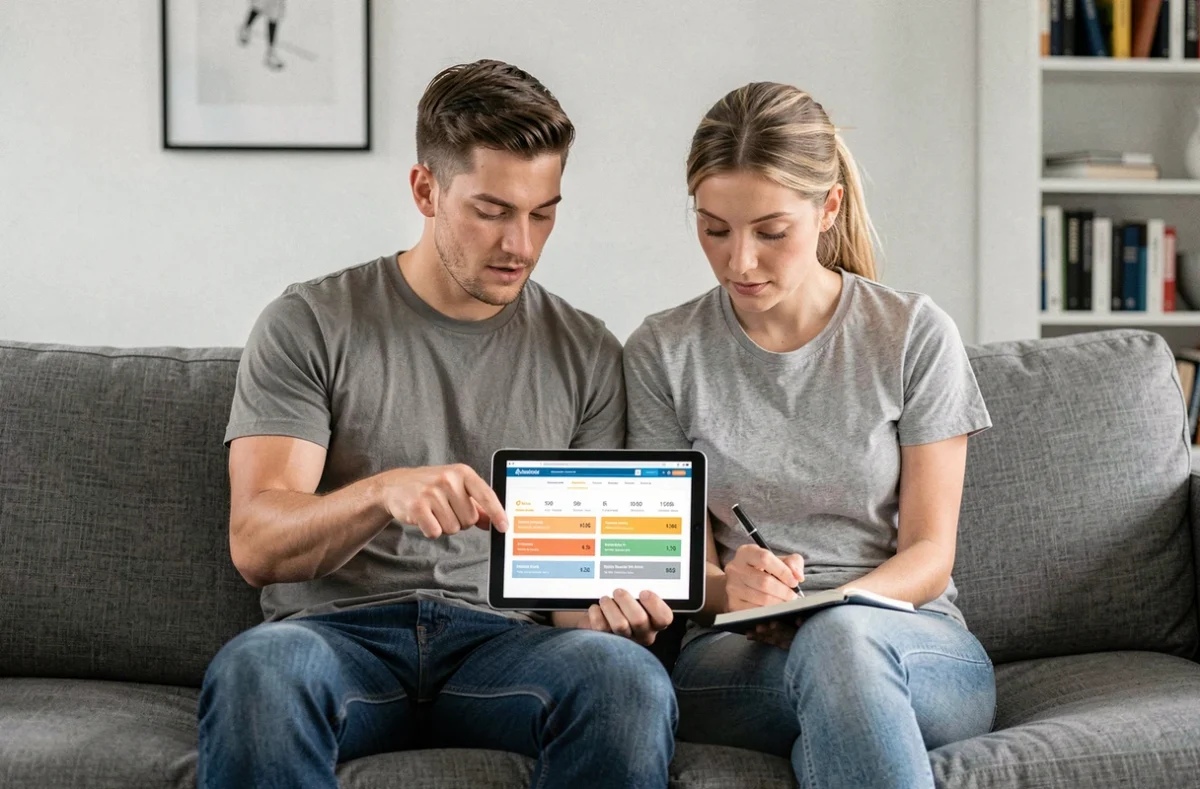 Jeune couple comparant les prix de mutuelles santé sur une tablette dans leur salon moderne