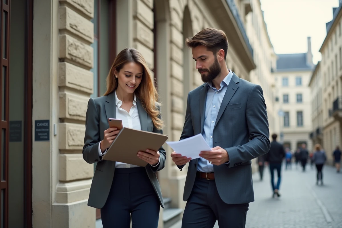 Jeune couple consultant des documents administratifs devant un bâtiment officiel français