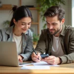 Jeune couple signant des documents dans une cuisine lumineuse