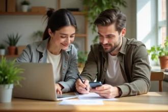 Jeune couple signant des documents dans une cuisine lumineuse