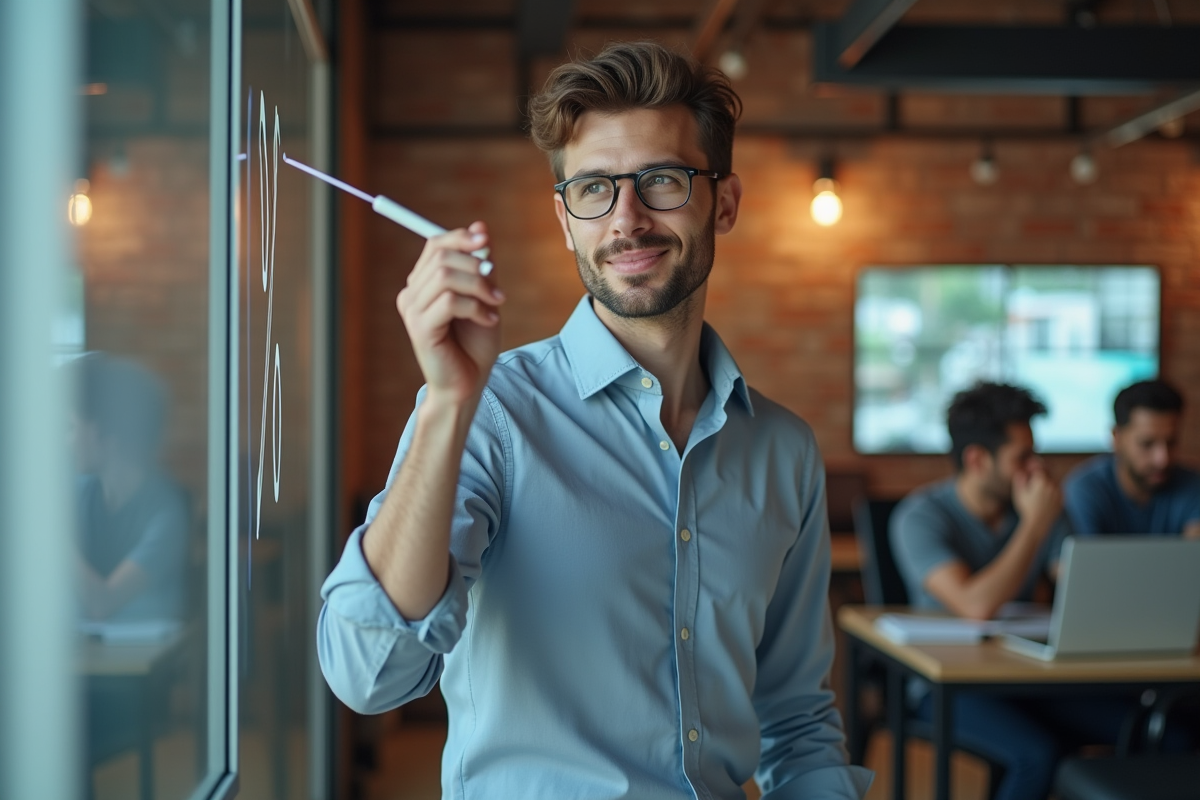 Jeune entrepreneur écrivant un symbole pourcentage dans un espace de coworking