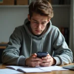 Jeune étudiant anxieux vérifiant son application bancaire sur smartphone