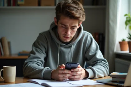 Jeune étudiant anxieux vérifiant son application bancaire sur smartphone