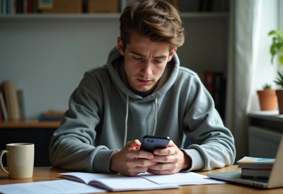 Jeune étudiant anxieux vérifiant son application bancaire sur smartphone