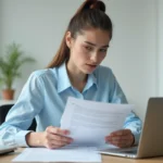 Jeune femme de 25 ans consultant des documents sur les allocations chômage à son bureau à domicile