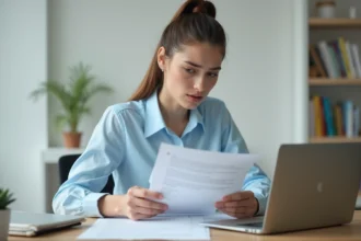 Jeune femme de 25 ans consultant des documents sur les allocations chômage à son bureau à domicile