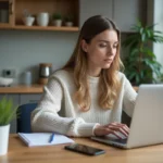 Jeune femme concentrée sur son ordinateur dans une cuisine lumineuse