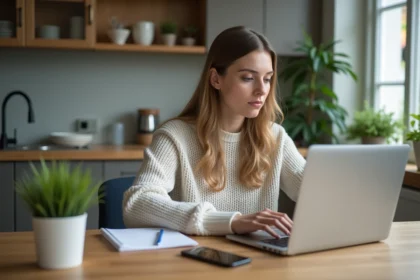 Jeune femme concentrée sur son ordinateur dans une cuisine lumineuse