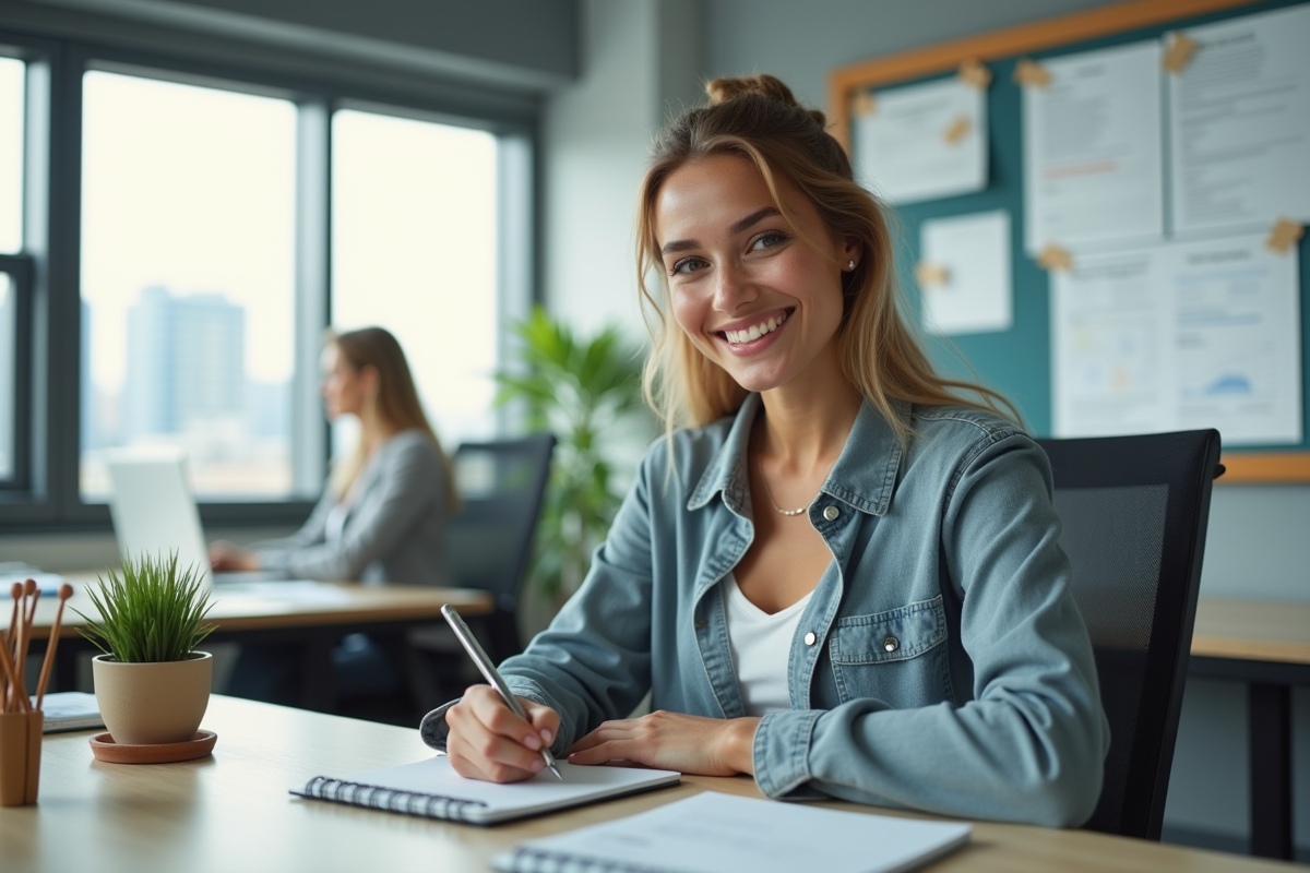 Jeune femme écrivant dans un bureau moderne lumineux