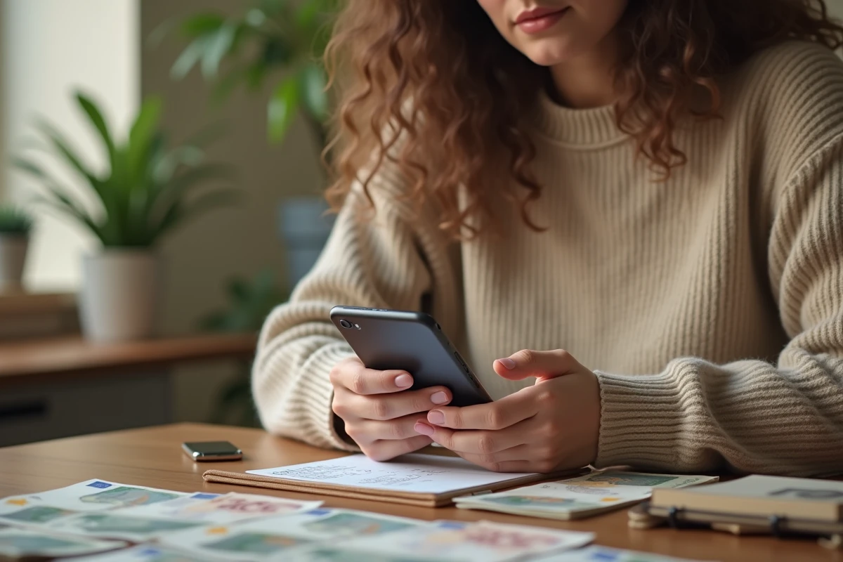 Jeune femme vérifiant un paiement en espèces avec une calculatrice distributeur de billets sur smartphone à domicile