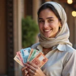 Jeune femme souriante avec des dirhams UAE devant un souk