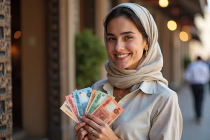 Jeune femme souriante avec des dirhams UAE devant un souk