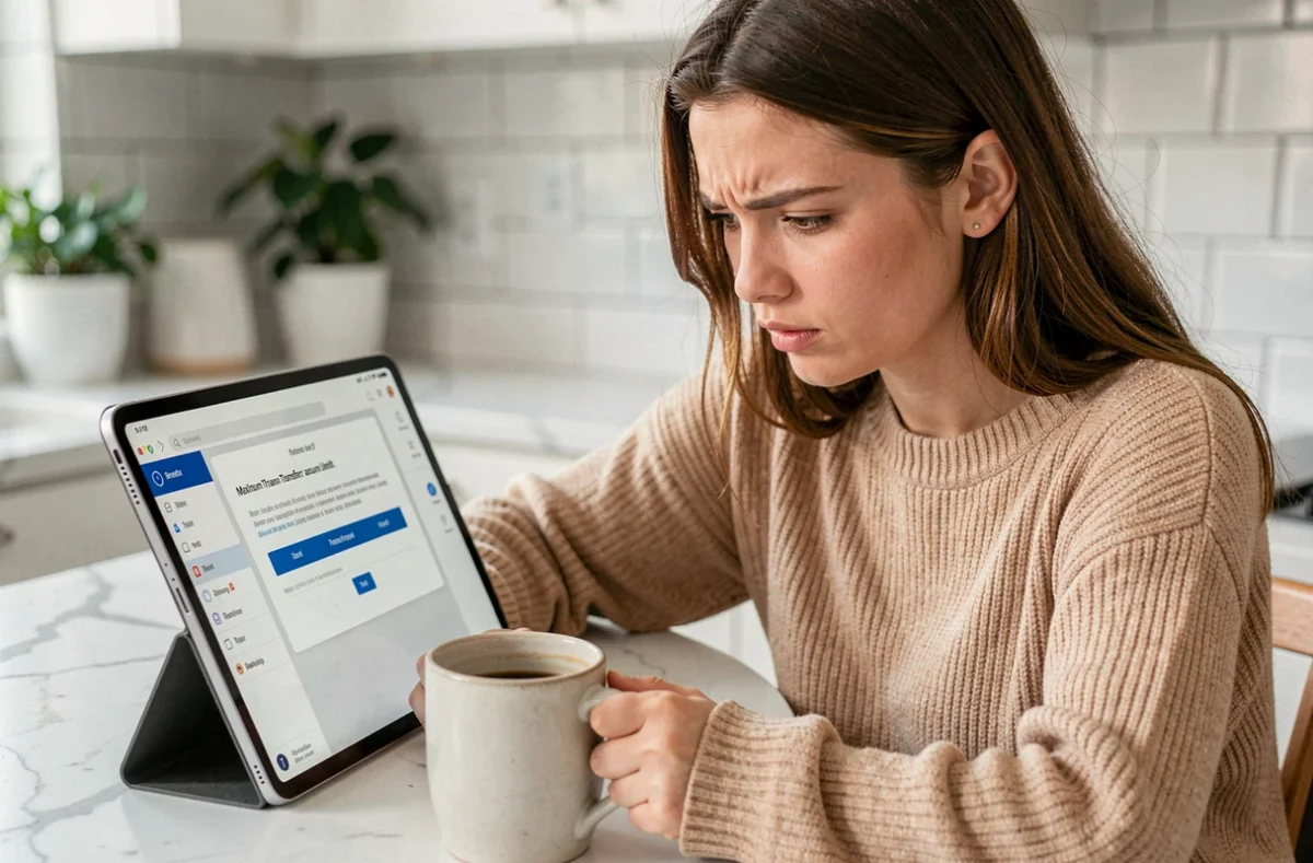 Jeune femme lisant un message d'erreur sur une application de virement instantané La Banque Postale sur tablette