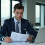 Jeune homme d'affaires en costume examinant des documents de prêt