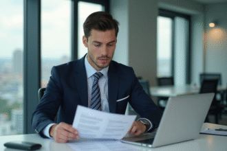 Jeune homme d'affaires en costume examinant des documents de prêt