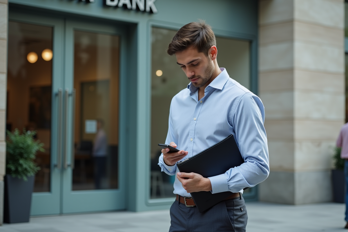 Jeune homme d affaires devant une banque moderne