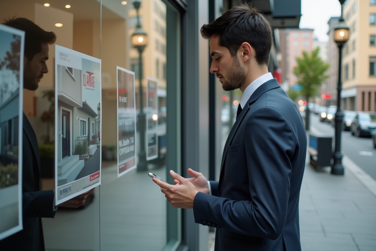 Jeune professionnel regardant des annonces immobilières dehors