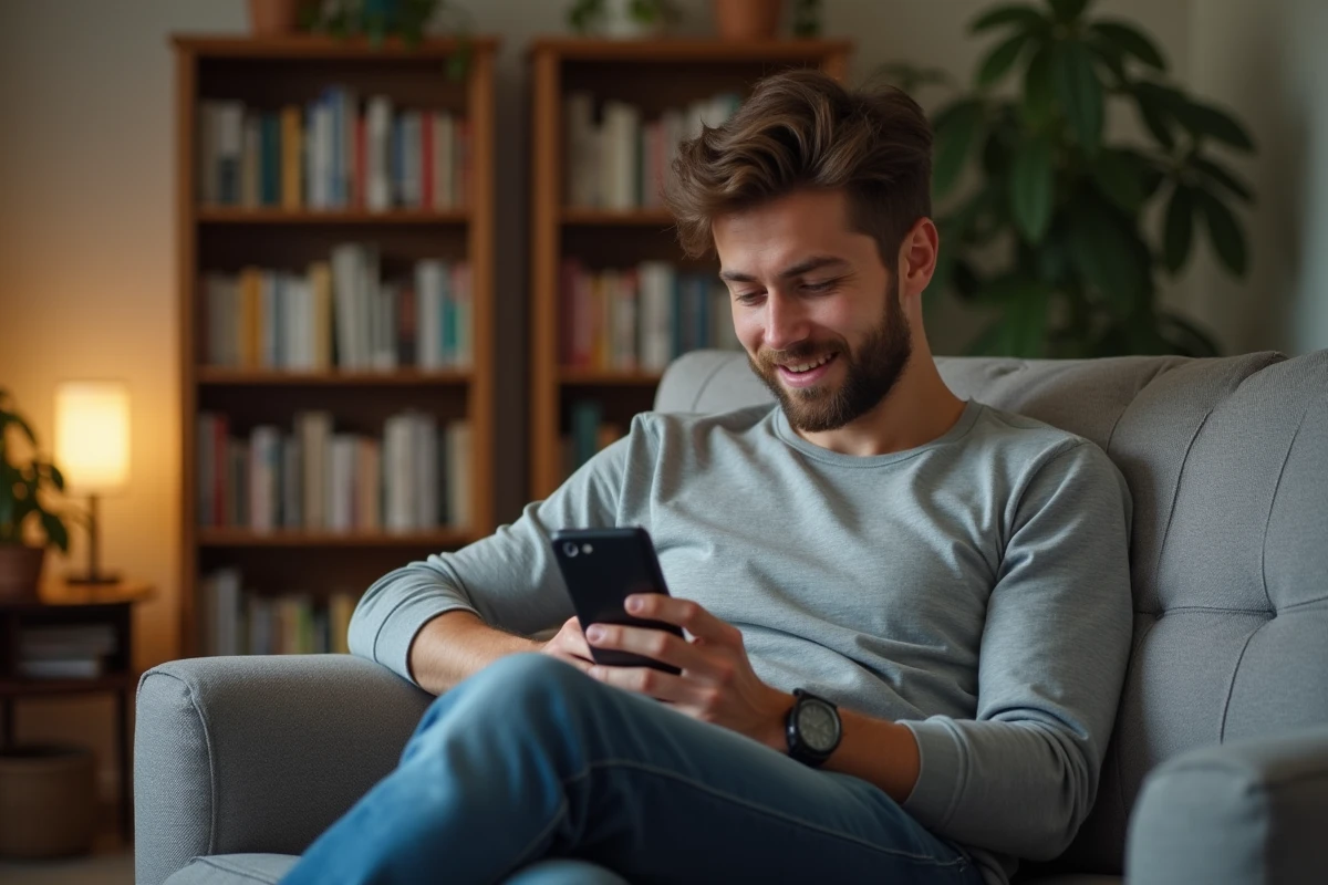 Jeune homme sur le canapé utilisant son smartphone dans le salon