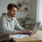 Jeune homme en hoodie travaillant sur son laptop dans un appartement