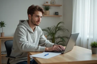 Jeune homme en hoodie travaillant sur son laptop dans un appartement