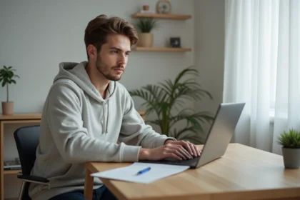 Jeune homme en hoodie travaillant sur son laptop dans un appartement