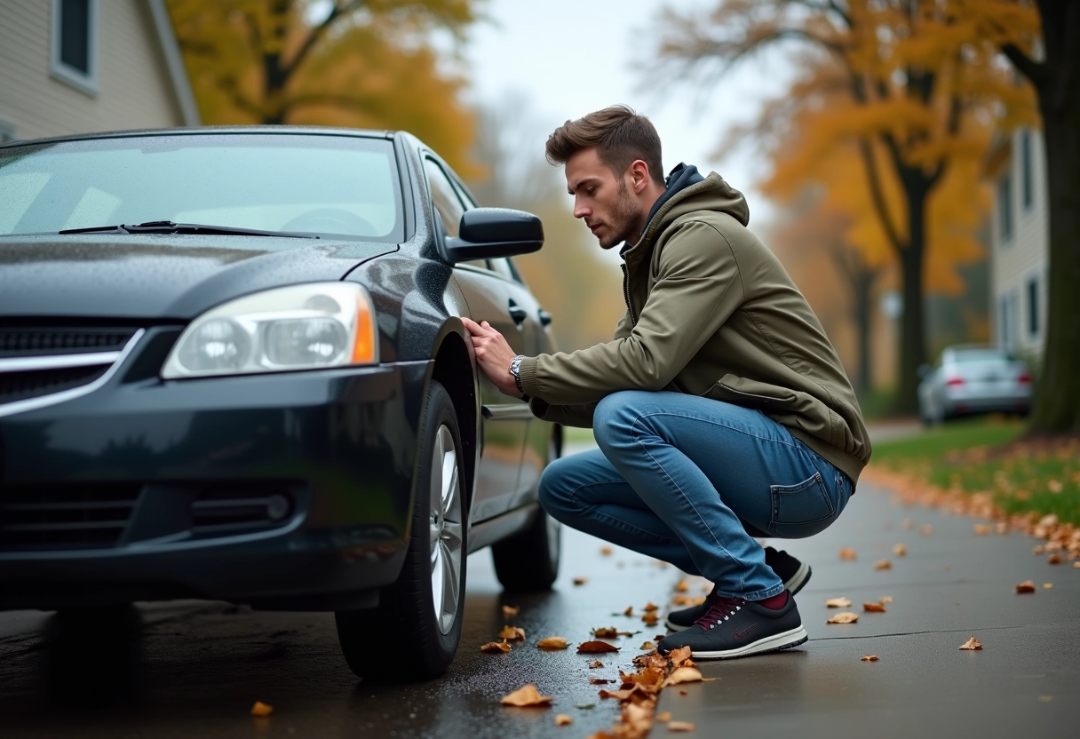 Jeune homme examine une voiture endommagée devant sa maison