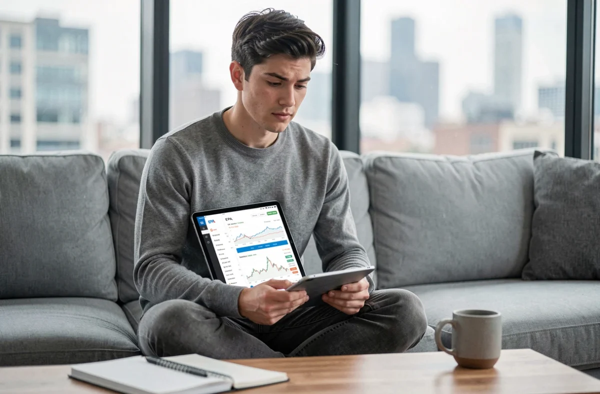 Jeune investisseur débutant consultant une application boursière sur tablette depuis son salon