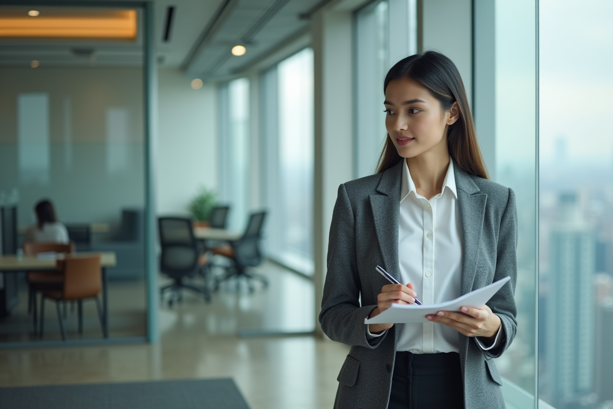 Jeune notaire en blouse blanche remplissant un registre