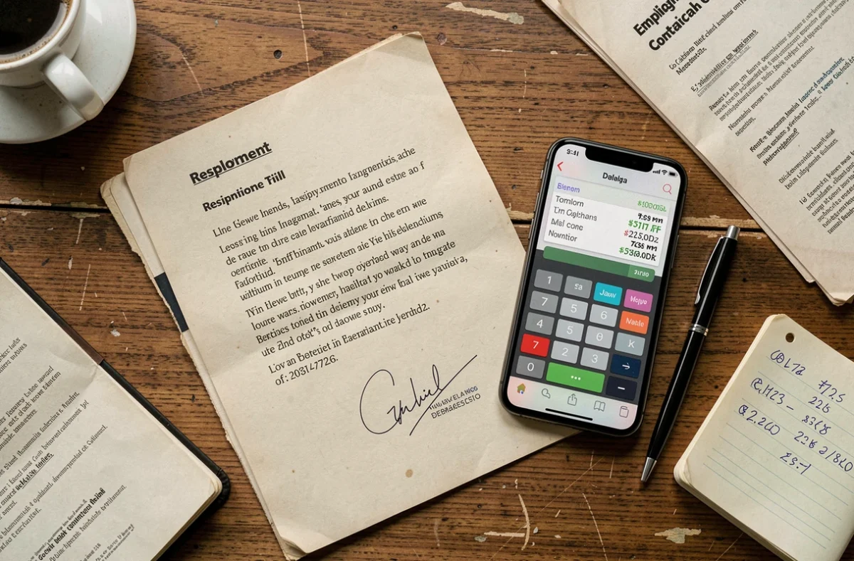 Vue de dessus d'une lettre de démission manuscrite posée à côté d'un smartphone affichant un simulateur de solde de tout compte sur un bureau en bois