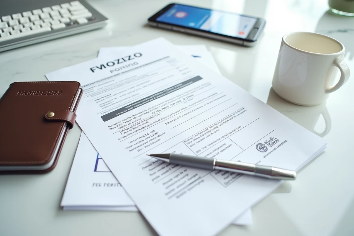 Vue de dessus d'un livret A, documents fiscaux officiels et smartphone sur bureau en marbre