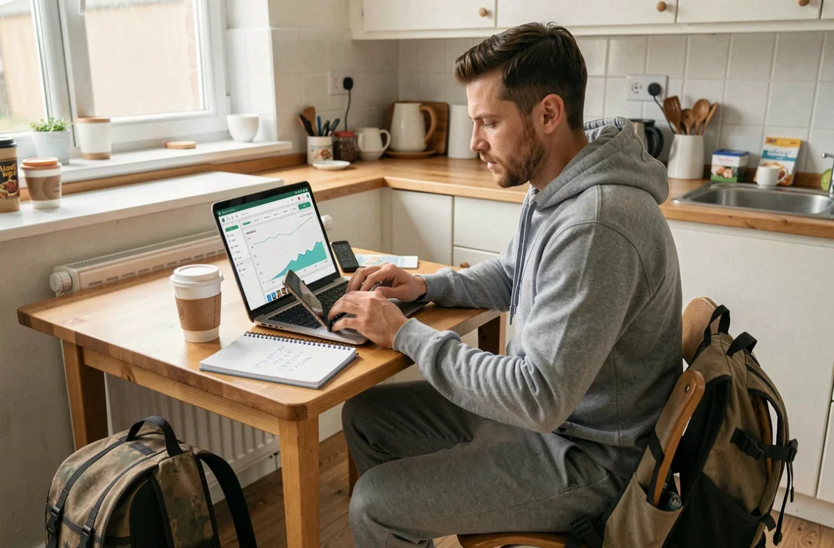Livreur Uber Eats calculant ses revenus journaliers et ses charges depuis son appartement avec un ordinateur portable