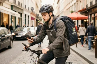 Livreur Uber Eats à vélo en ville consultant son smartphone entre deux courses de livraison