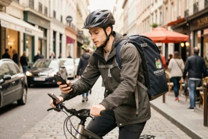 Livreur Uber Eats à vélo en ville consultant son smartphone entre deux courses de livraison