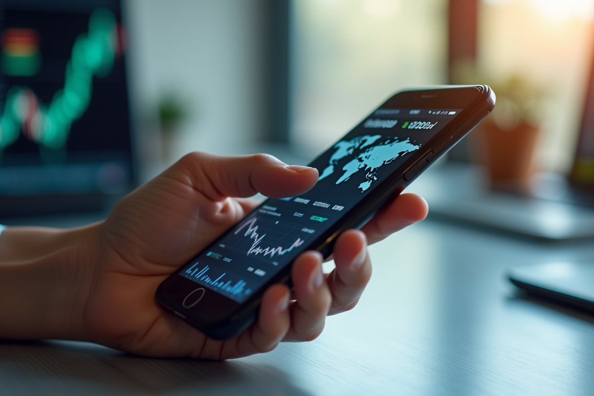 Main tenant un smartphone avec graphique boursier dynamique
