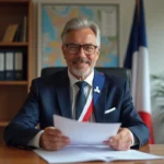 Maire homme en costume bleu avec sash tricolore dans bureau moderne