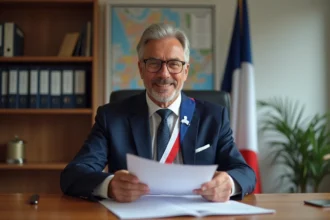 Maire homme en costume bleu avec sash tricolore dans bureau moderne