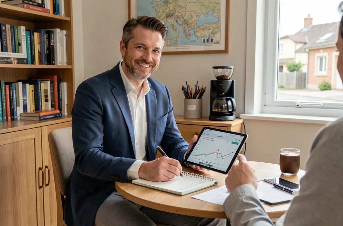 Mathieu Sabatier, conseiller en gestion de patrimoine indépendant, en consultation personnalisée avec un client dans son bureau chaleureux