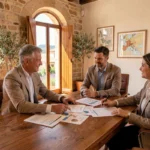 Conseiller financier en réunion avec des clients dans un bureau provençal moderne avec vue sur les toits de Provence
