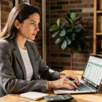 Micro-entrepreneuse calculant ses frais kilométriques sur ordinateur avec un simulateur fiscal 2026