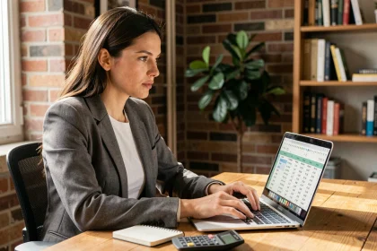 Micro-entrepreneuse calculant ses frais kilométriques sur ordinateur avec un simulateur fiscal 2026
