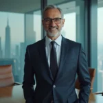 Homme d'affaires du Moyen-Orient en costume sombre dans une salle de réunion moderne, illustrant la fortune et le pouvoir de Nasser Al Khelaïfi