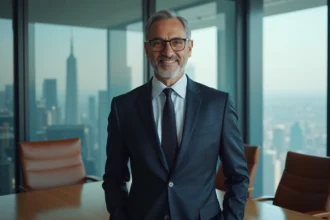 Homme d'affaires du Moyen-Orient en costume sombre dans une salle de réunion moderne, illustrant la fortune et le pouvoir de Nasser Al Khelaïfi
