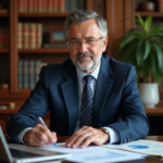 Notaire en costume bleu examinant des documents financiers