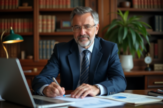 Notaire en costume bleu examinant des documents financiers