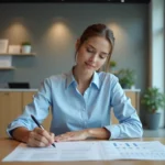 Femme consultant des documents bancaires pour l'ouverture d'un compte CIC dans une agence moderne