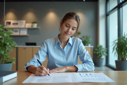 Femme consultant des documents bancaires pour l'ouverture d'un compte CIC dans une agence moderne