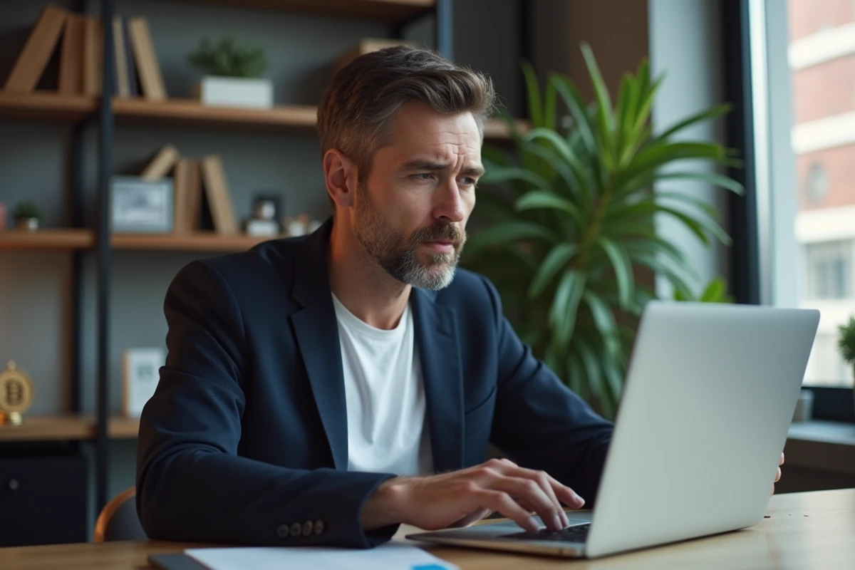 Homme ouvrant un compte bancaire CIC en ligne depuis son bureau à domicile