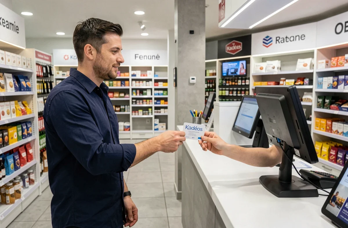 Homme utilisant une enseigne Kadéos pour régler ses achats en magasin physique à la caisse