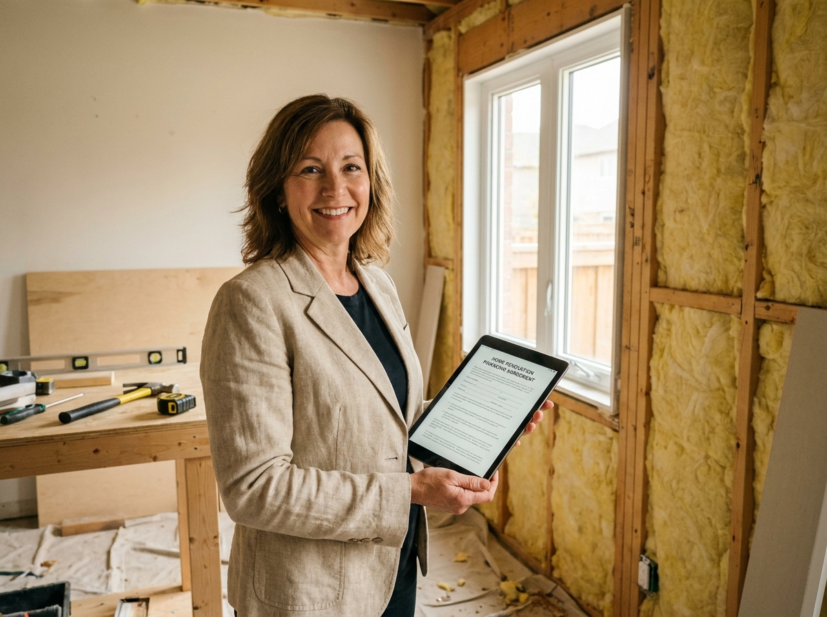 Propriétaire finançant l'amélioration de l'habitat via Partners Finances, tenant un accord de financement dans un chantier de rénovation